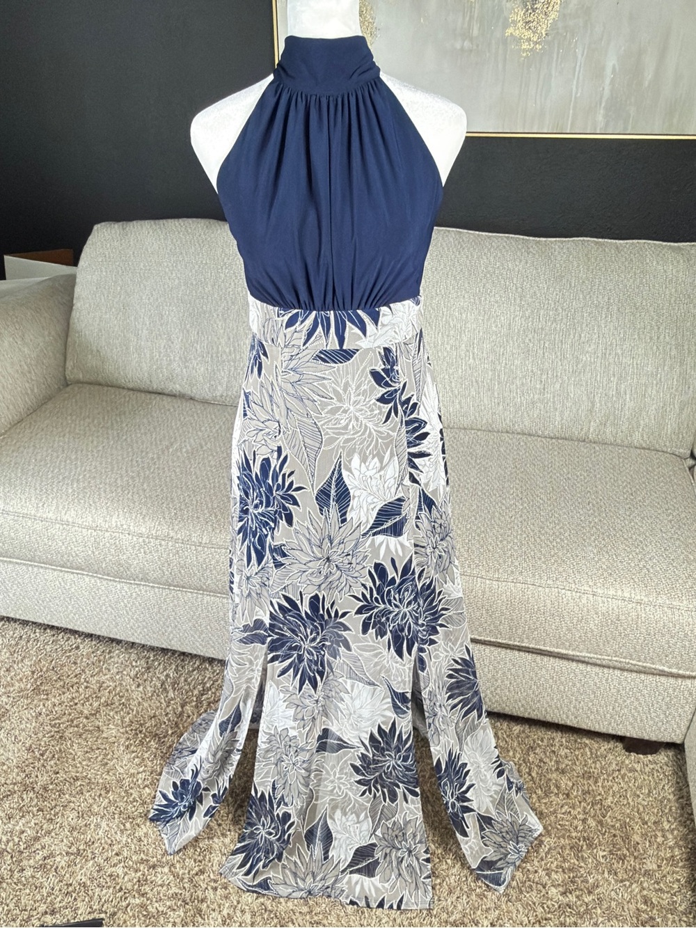 R&M Richards Navy Halter Floral-Print Maxi Dress